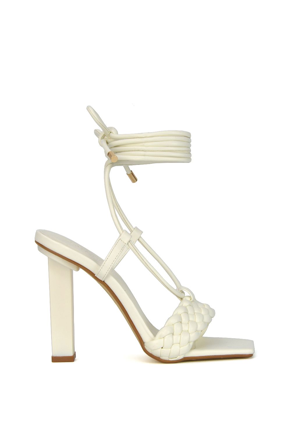 XY London 'Mira' Woven Strap Lace Up Strappy Block Square Toe Heels