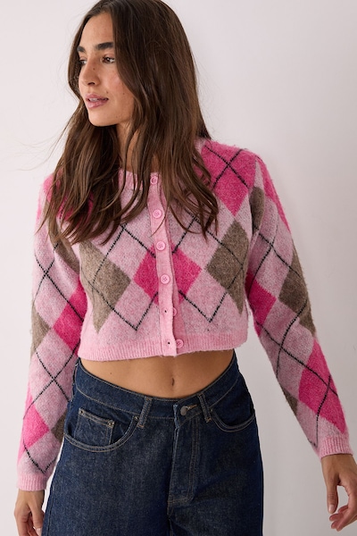 NastyGal Brushed Argyle Cropped Cardigan Pink