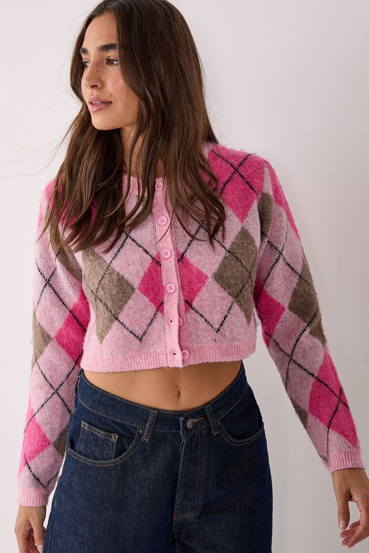 NastyGal Brushed Argyle Cropped Cardigan Pink image 1