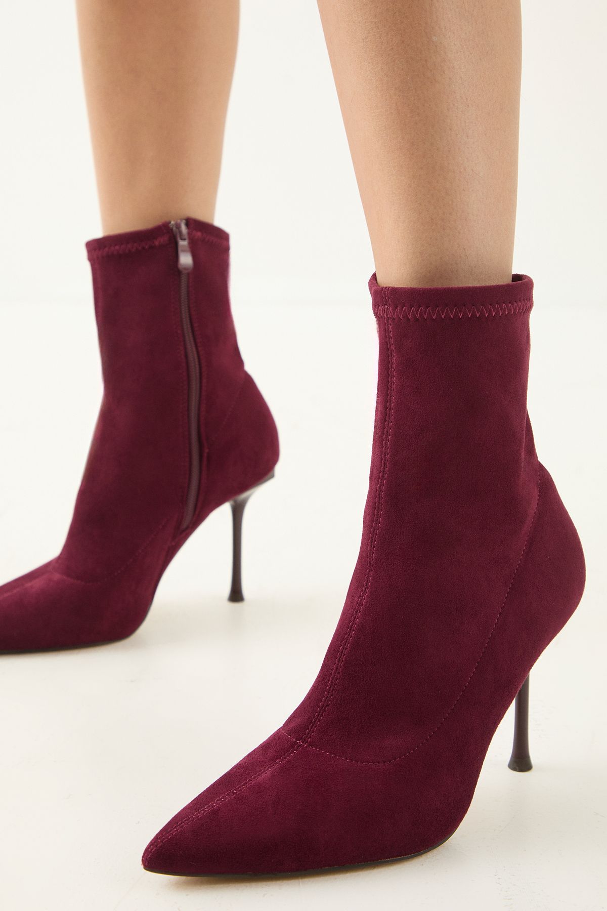 MissPap Faux Suede Pointed High Stiletto Heel Sock Ankle Boot Burgundy image 4