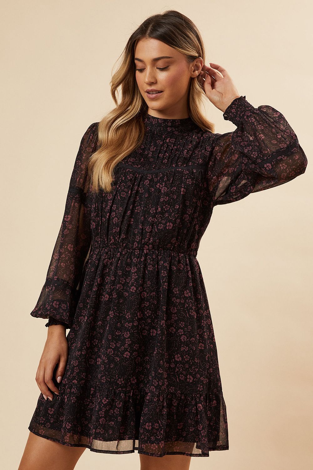 Dorothy Perkins Pink Ditsy Chiffon Pleated Yoke Mini Dress Pink image 4