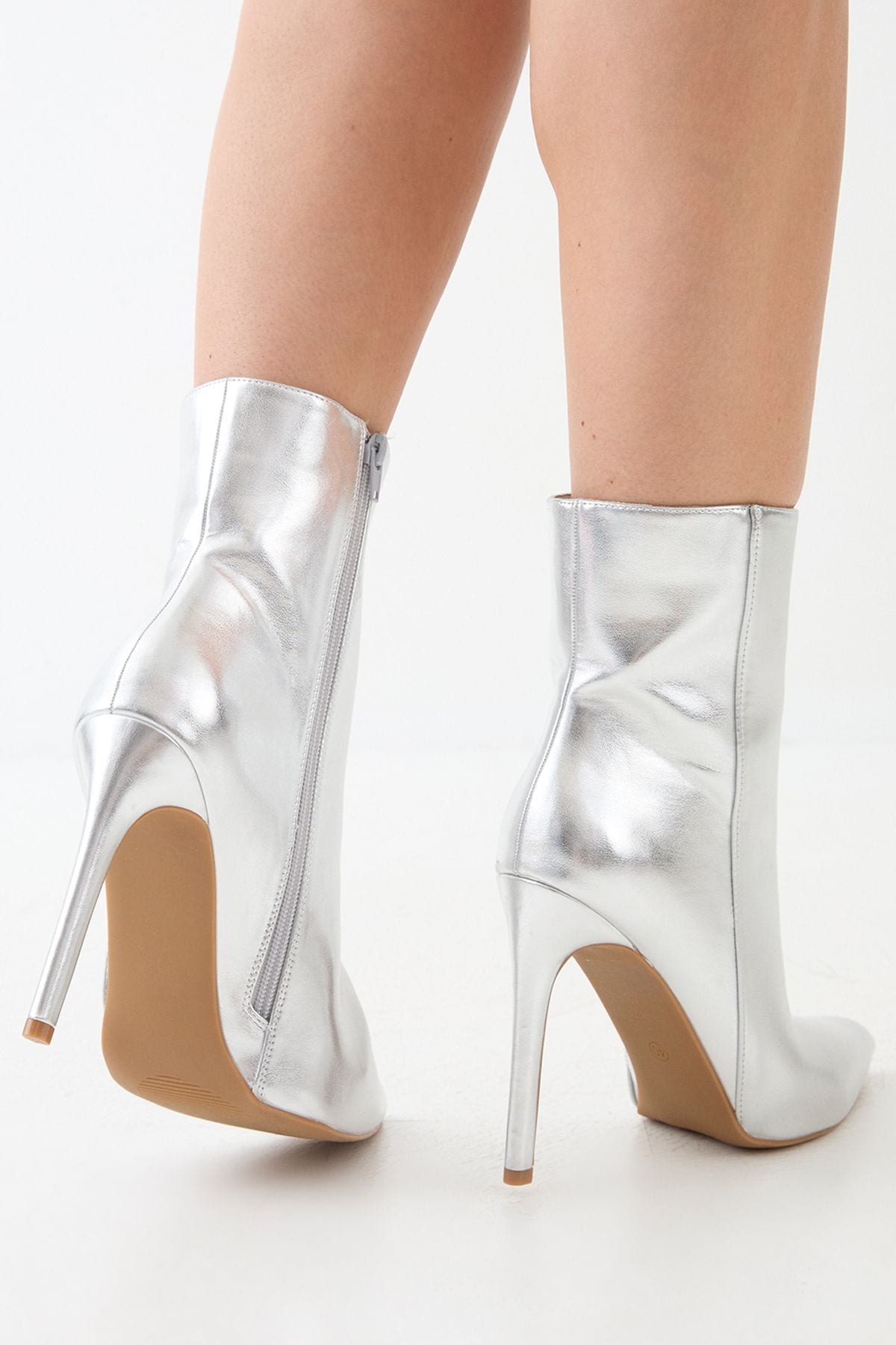 MissPap Faux Leather High Stiletto Heel Ankle Boots Silver image 3