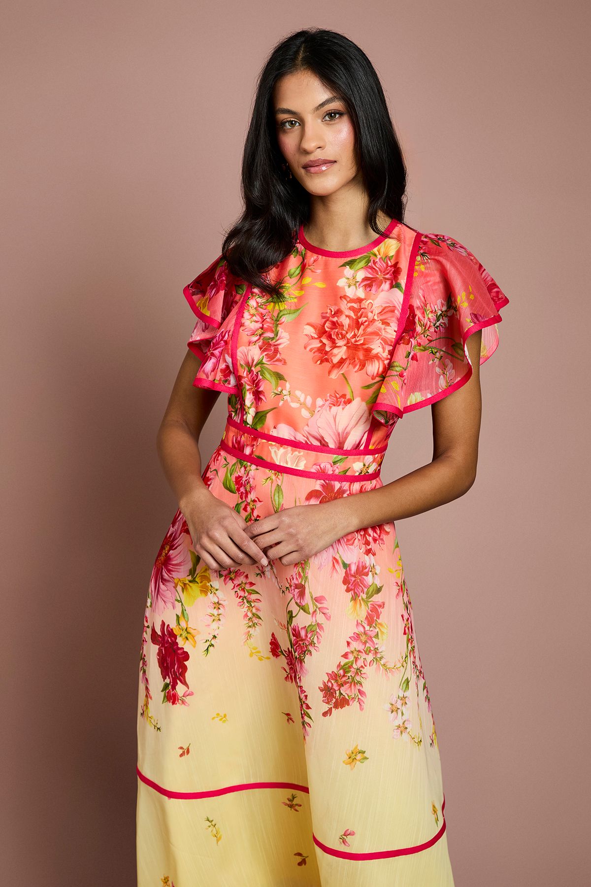 Coast Petite Placement Print Frill Sleeve Midi Dress Lemon image 2