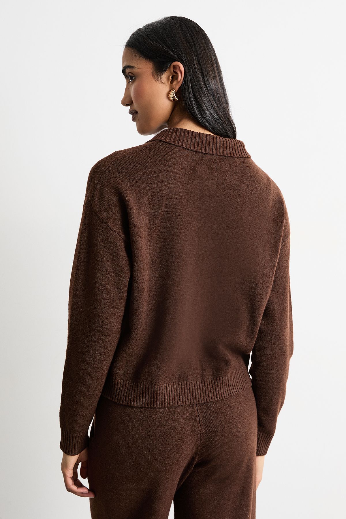 Warehouse Knitted Button Up Collar Detail Jumper Chocolate image 3