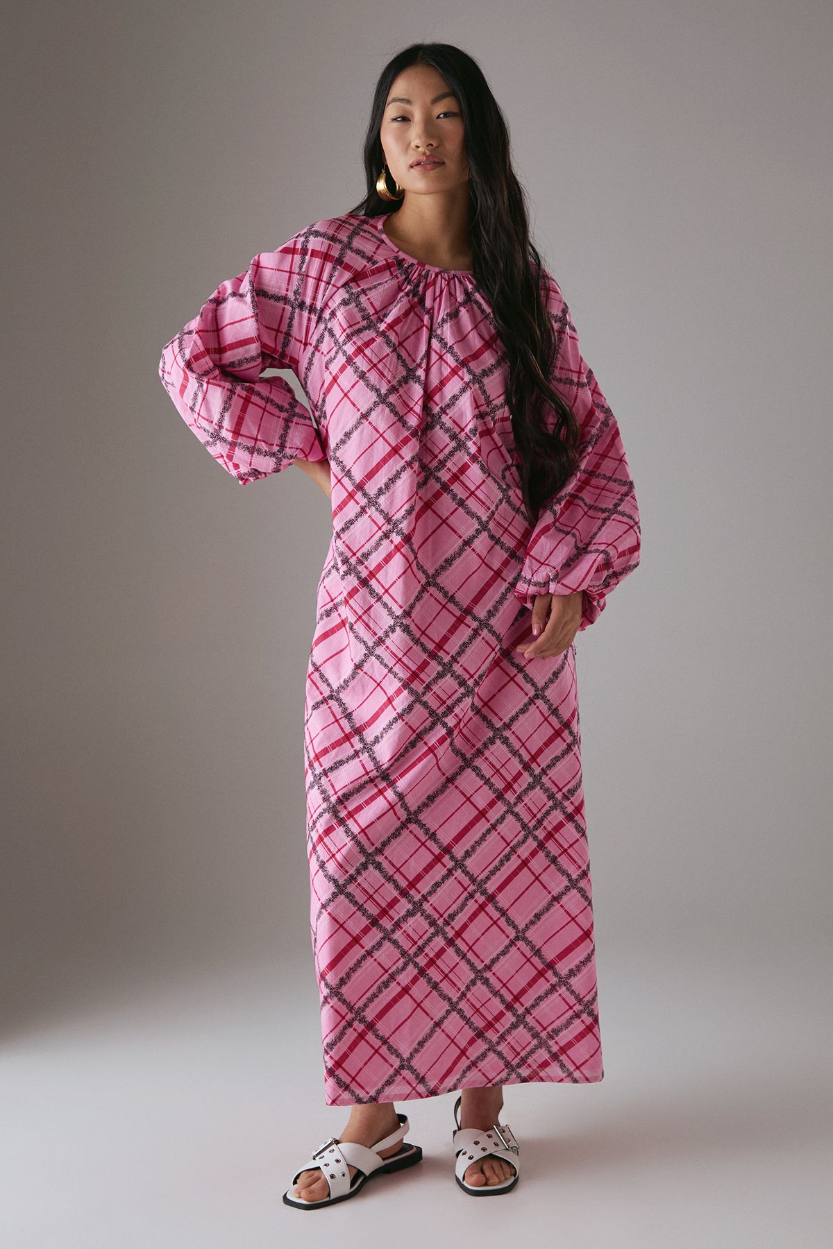 Warehouse Petite Cotton Trapeze Smock Midi Dress Pink image 1