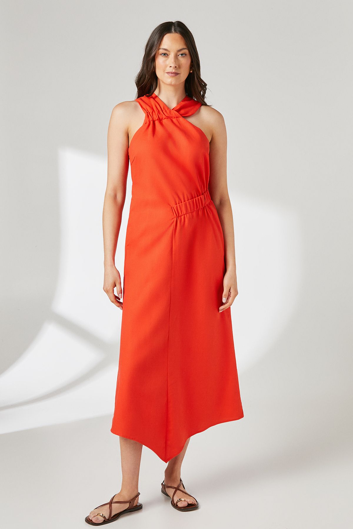 Principles Orange Linen Asymmetric Hem Halter Midaxi Dress Orange image 1
