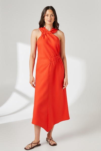 Principles Orange Linen Asymmetric Hem Halter Midaxi Dress Orange