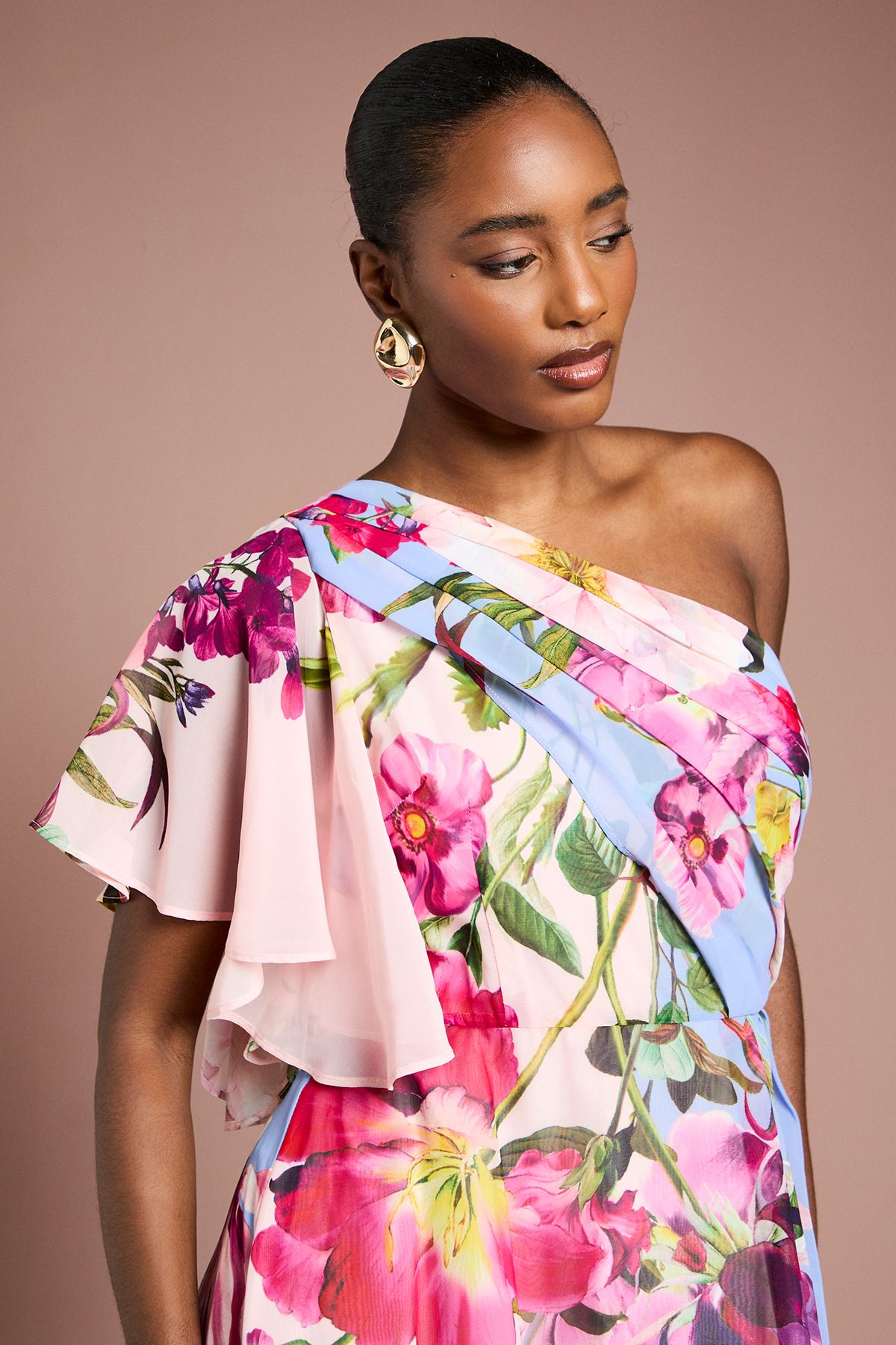 Coast One Shoulder Floral Printed Chiffon Dress Light Blue image 4