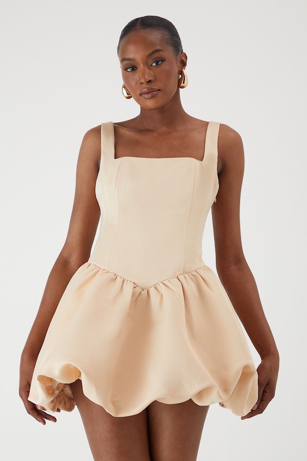 MissPap Duchess Satin Square Neckline Dipped Waist Voluminous Mini Dress Champagne