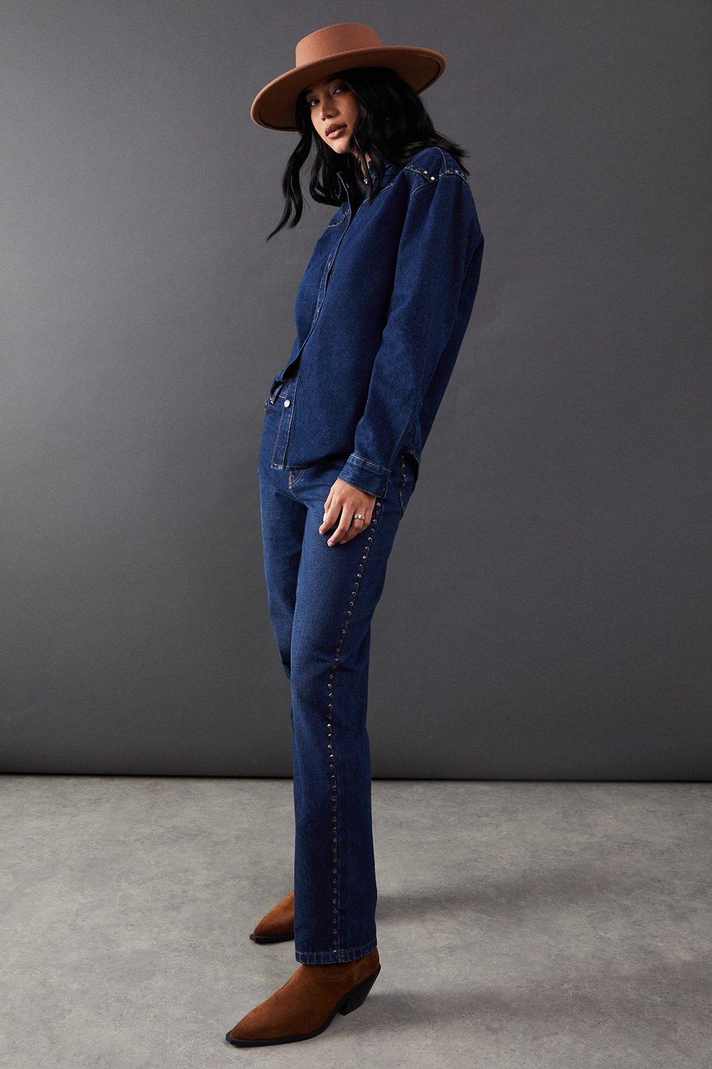 Warehouse Denim Stud Detail Straight Leg Jean Dark Wash image 2