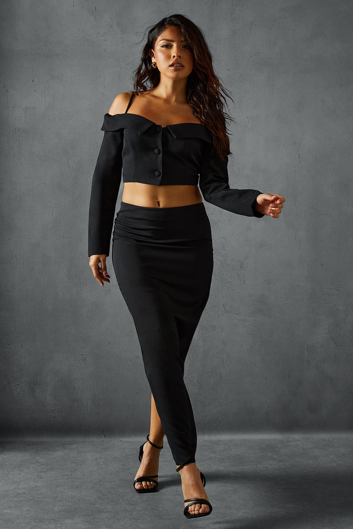 MissPap Tailored Bardot Button Down Top Black image 2