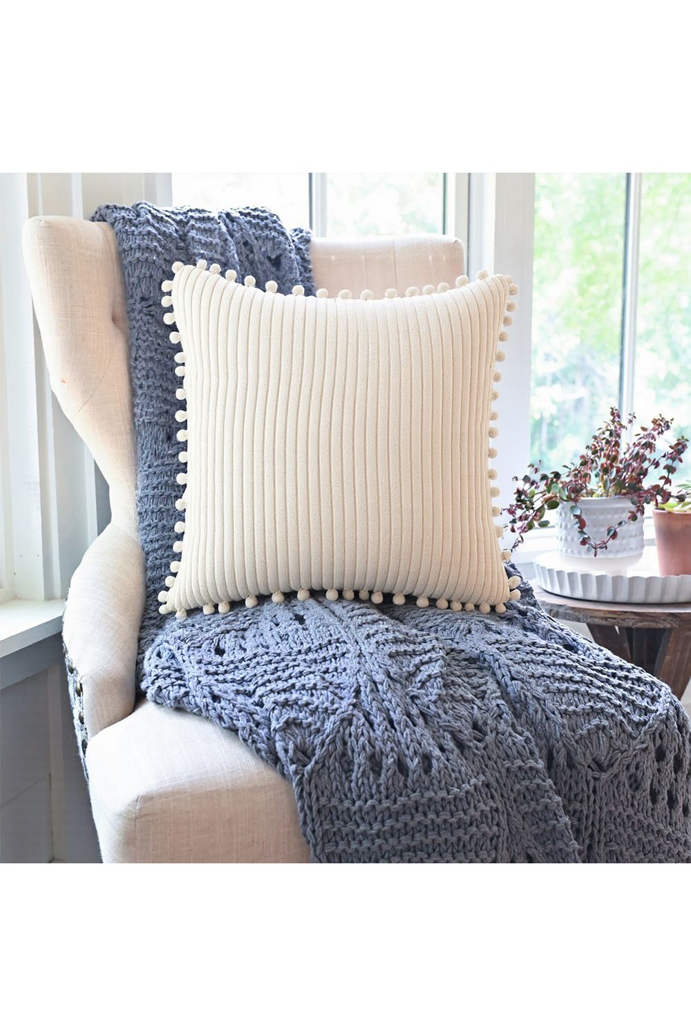 Living and Home Polyester Cushion Cover with Pom-Pom Trim image 2