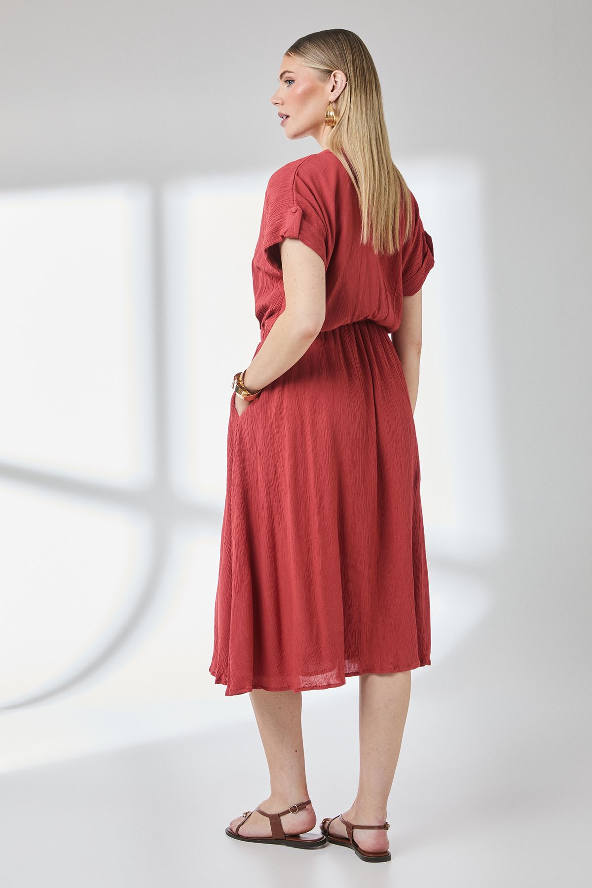 Principles Elasticated Waist Crinkle Viscose Midi Dress Rust image 4