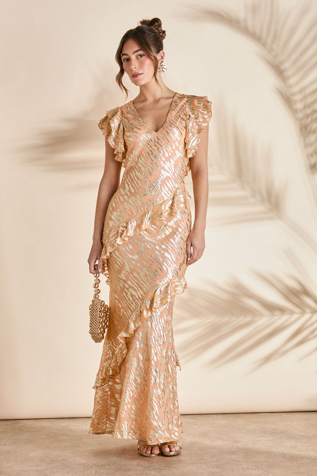 Coast Metallic Jacquard Frill Midi Dress Apricot image 1
