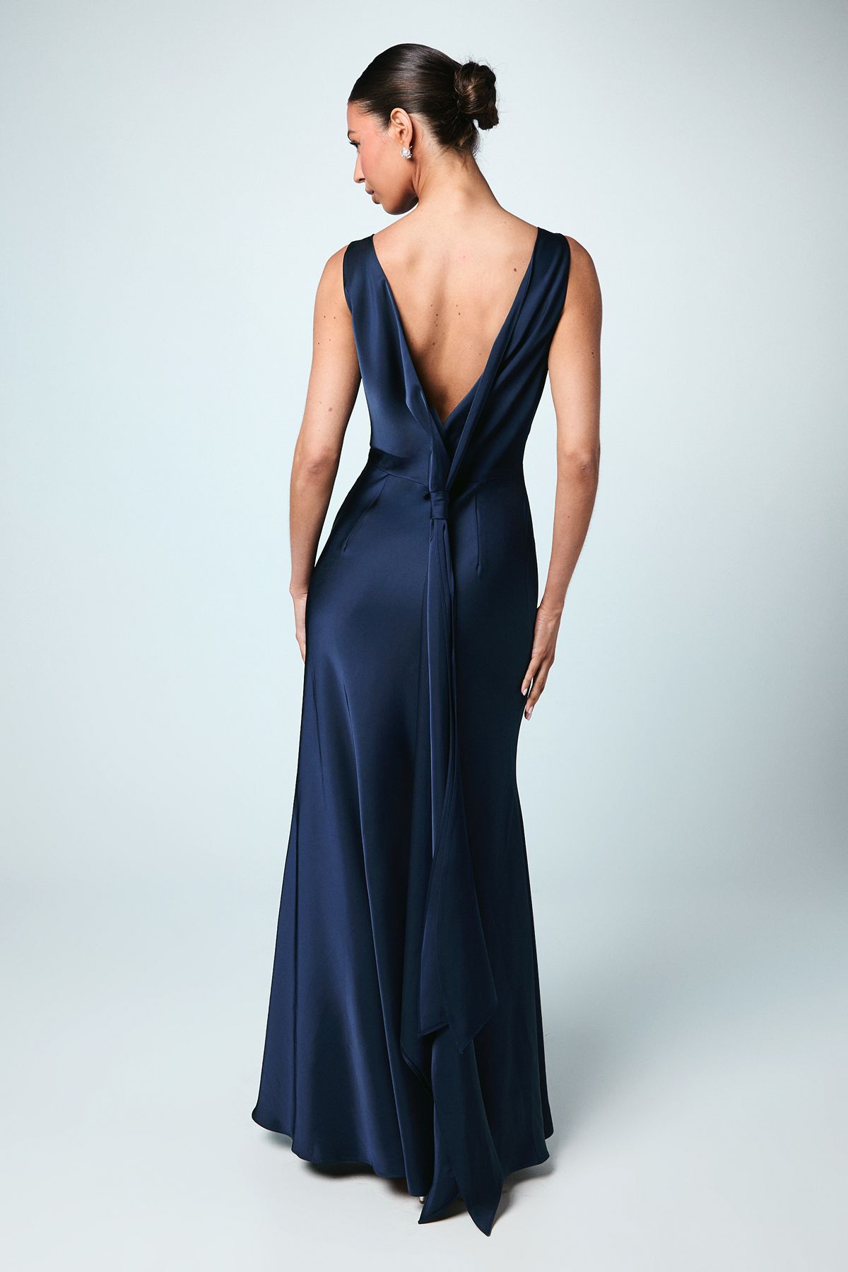 Coast Satin V Back Maxi Bridesmaid Dress with Back Sash Detail Navy image 3