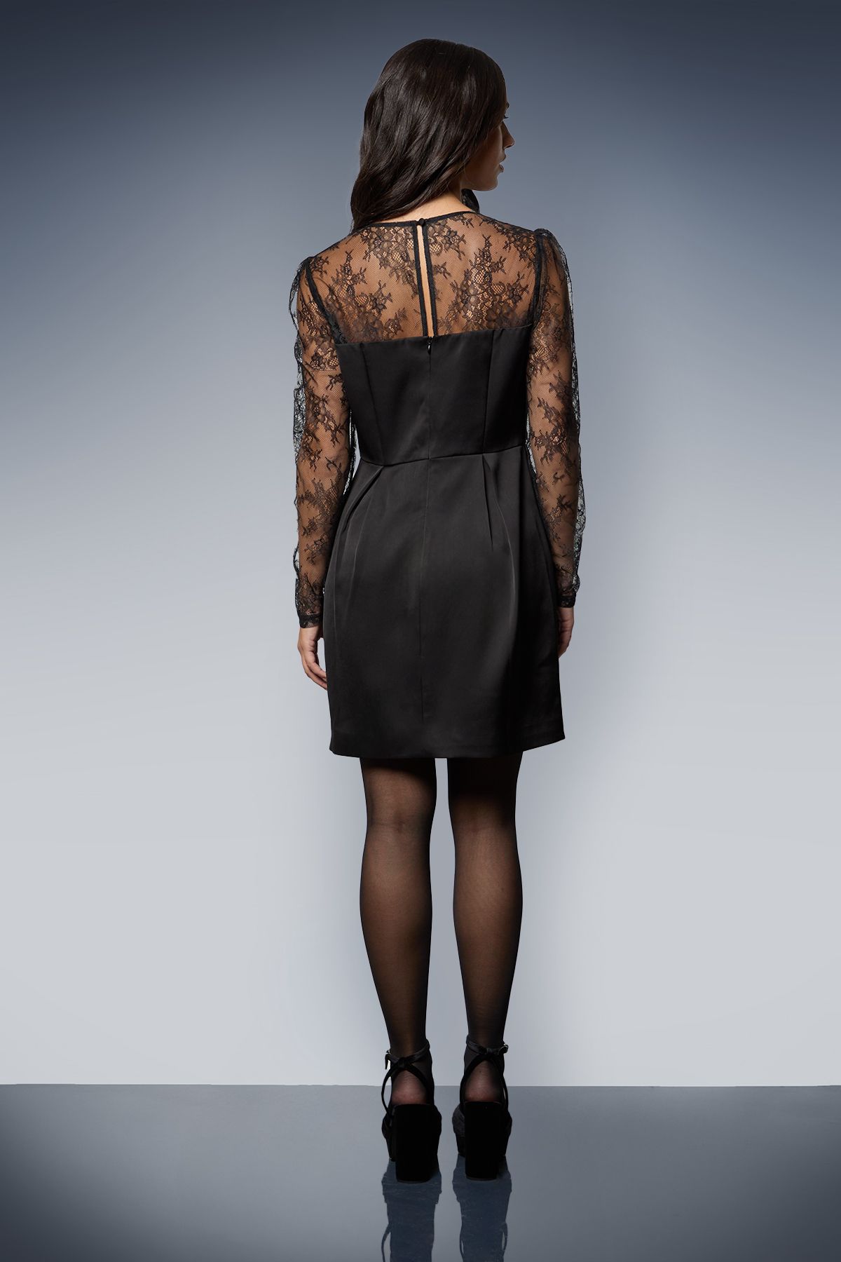 Oasis Lace Sleeve Bow Front Midi Dress Black image 3