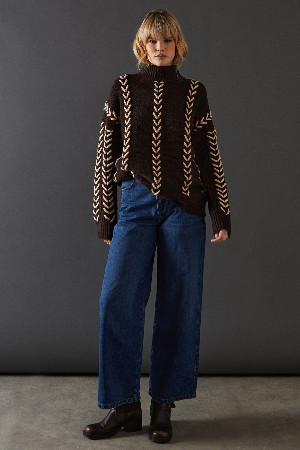 Warehouse Whipstitch Detail Oversized Jumper Chocolate image 4