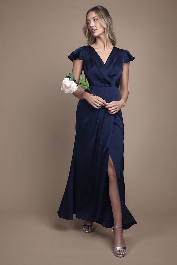 Coast Wrap Front Flutter Sleeve Maxi Bridesmaid Dress Navy