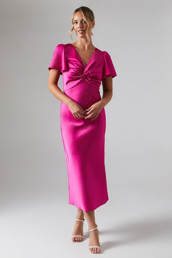 Oasis Oasis by Coast Satin Twist Front Angel Sleeve Midi Bridesmaid Dress Bright Pink