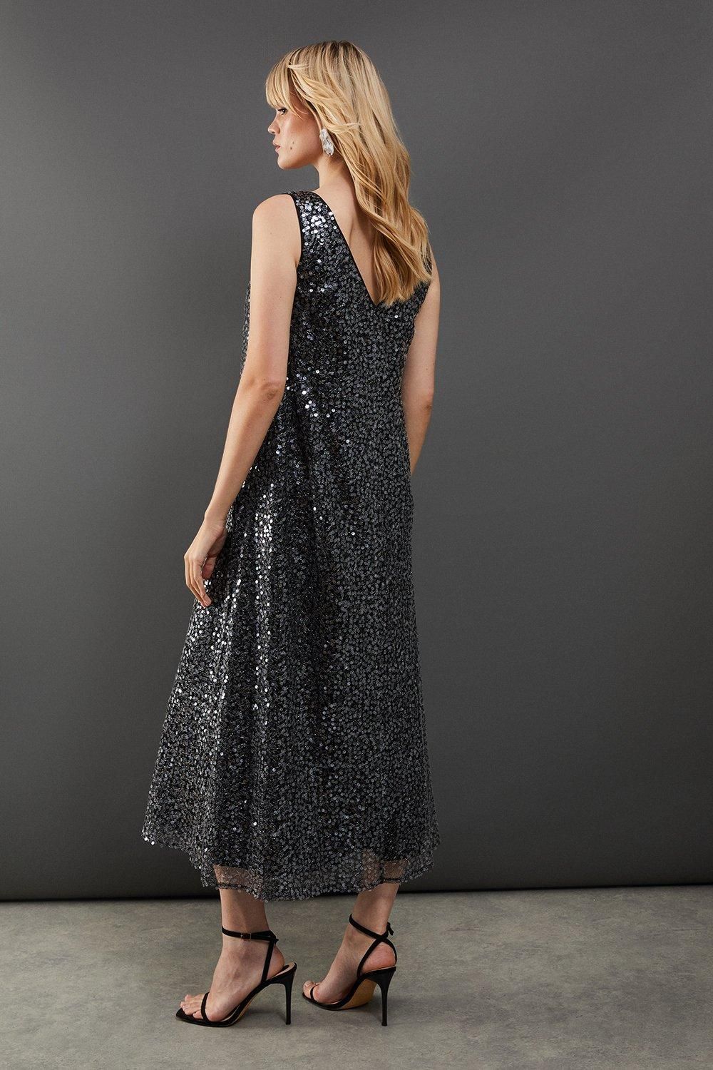 Warehouse Sequin Mesh V Neck Trapeze Midi Dress Silver image 3