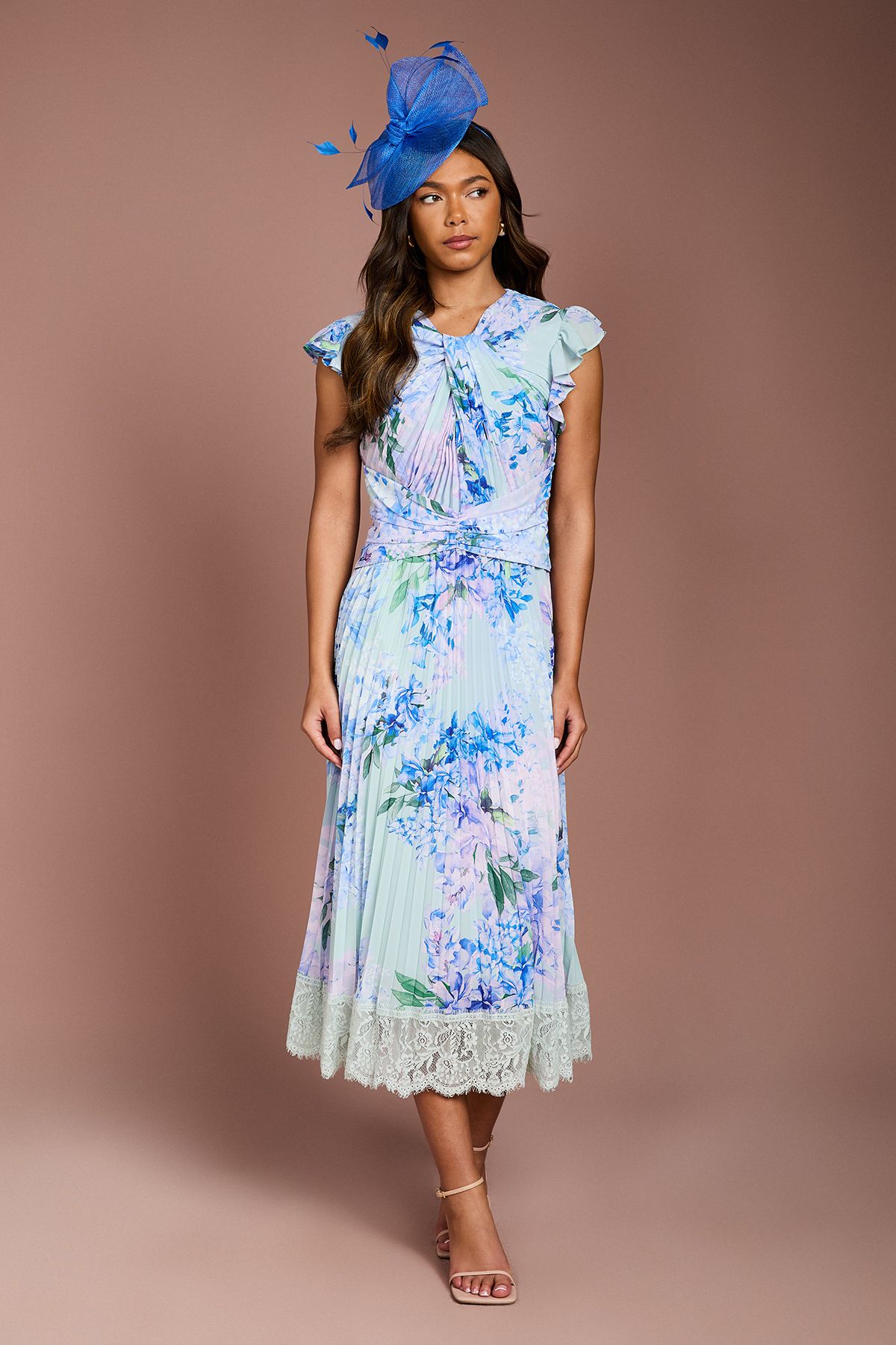 Coast Floral Printed Georgette Dress With Lace Trims Blue image 1