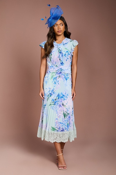 Coast Floral Printed Georgette Dress With Lace Trims Blue