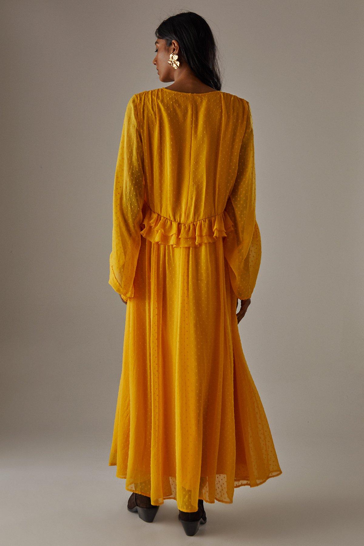 Warehouse Dobby Chiffon Plunge Neck Ruffle Midi Smock Dress Yellow image 3