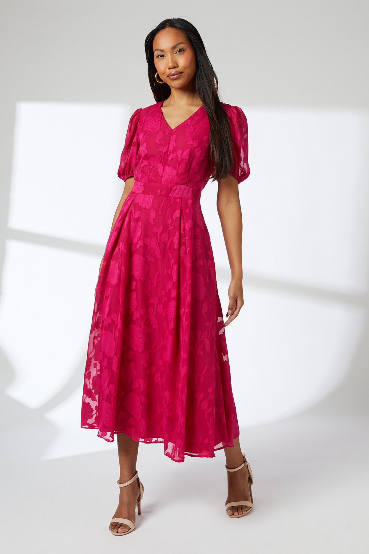 Principles Floral Jacquard Puff Sleeve Midi Dress Pink image 1