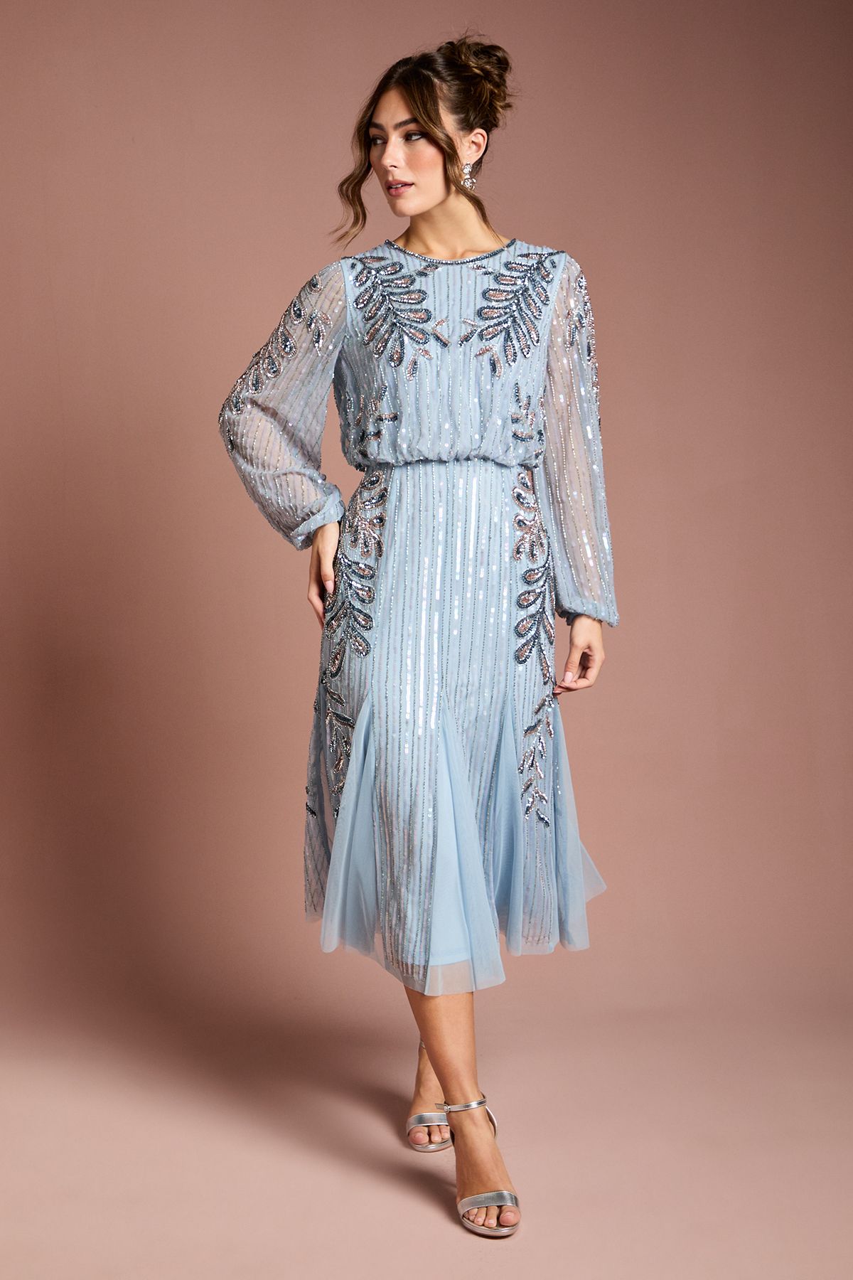 Coast Long Sleeve Floral Applique Beaded Midi Dress Blue