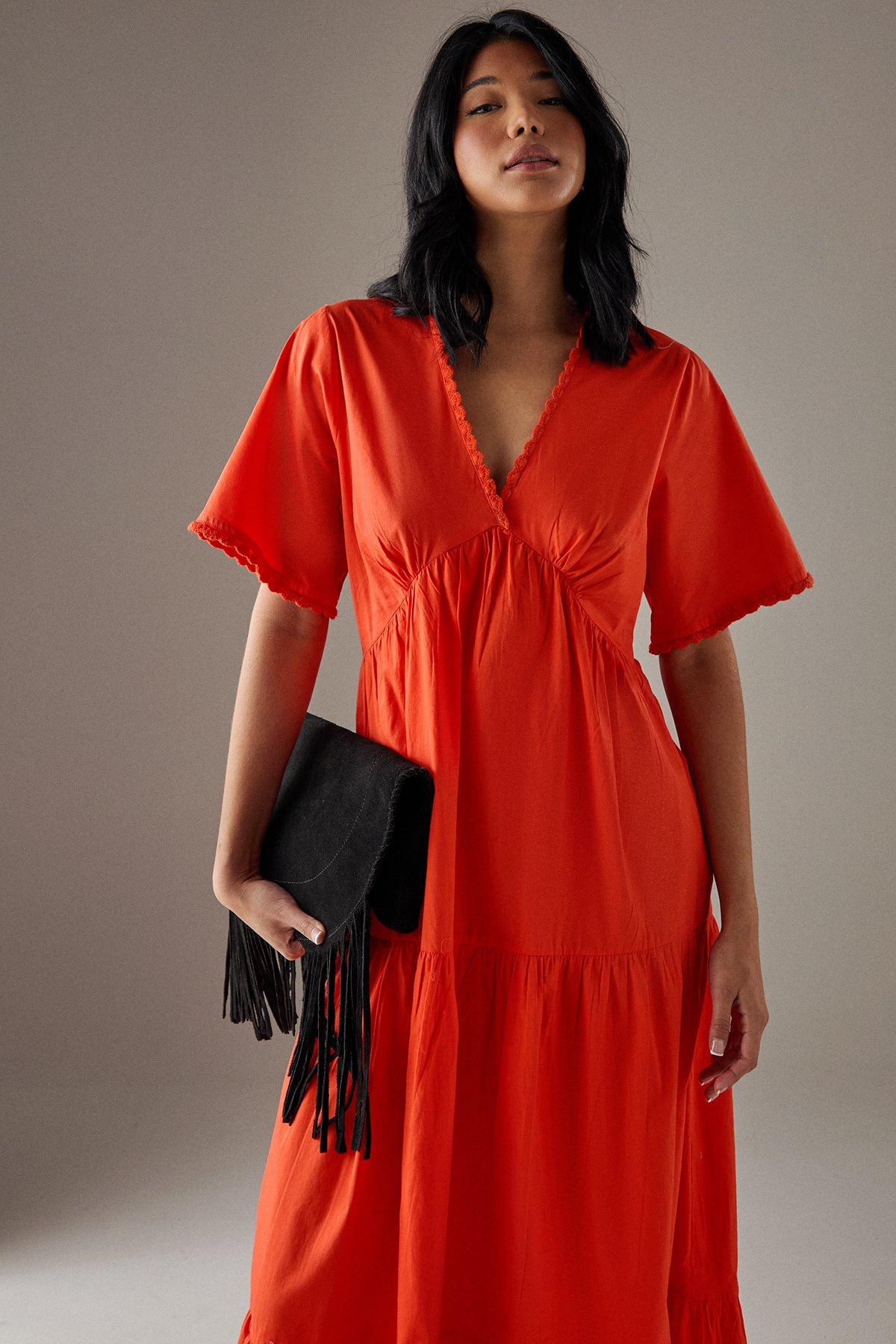 Warehouse Poplin Whipstitch Trim Midi Smock Dress Red image 2