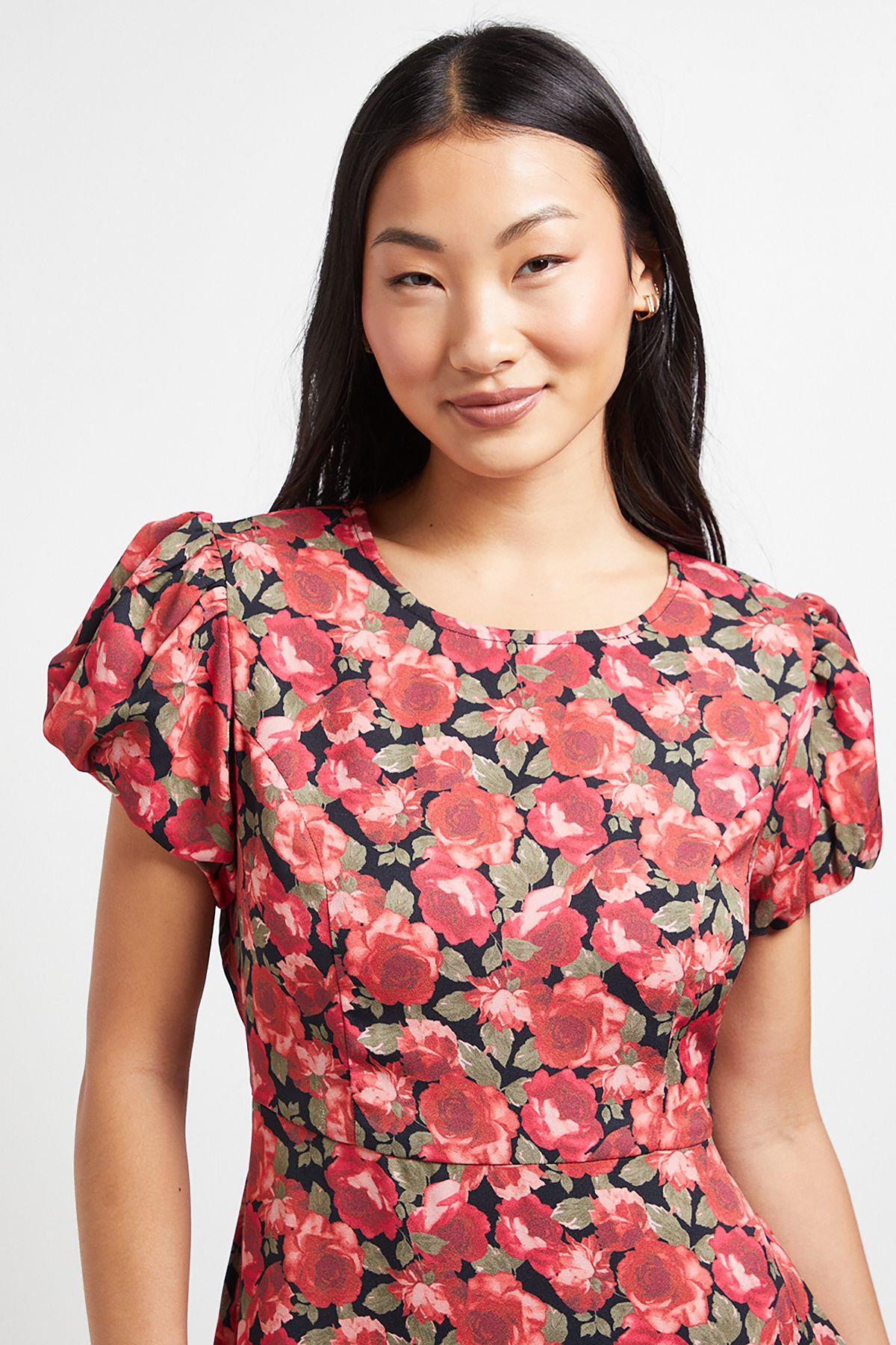 Dorothy Perkins Petite Red Floral Tie Back Detail Puff Sleeve Midi Dress Red image 4