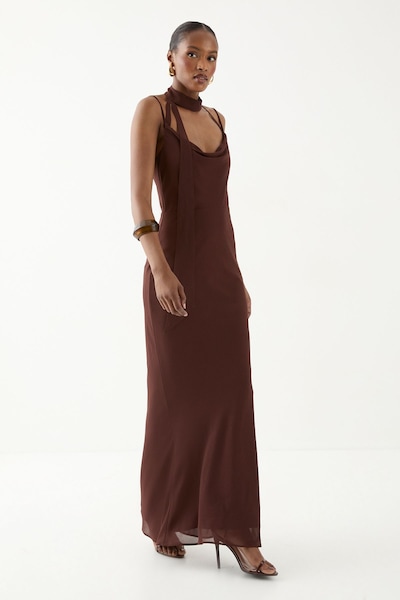 MissPap Halter Neck Chiffon Scarf Maxi Dress Chocolate