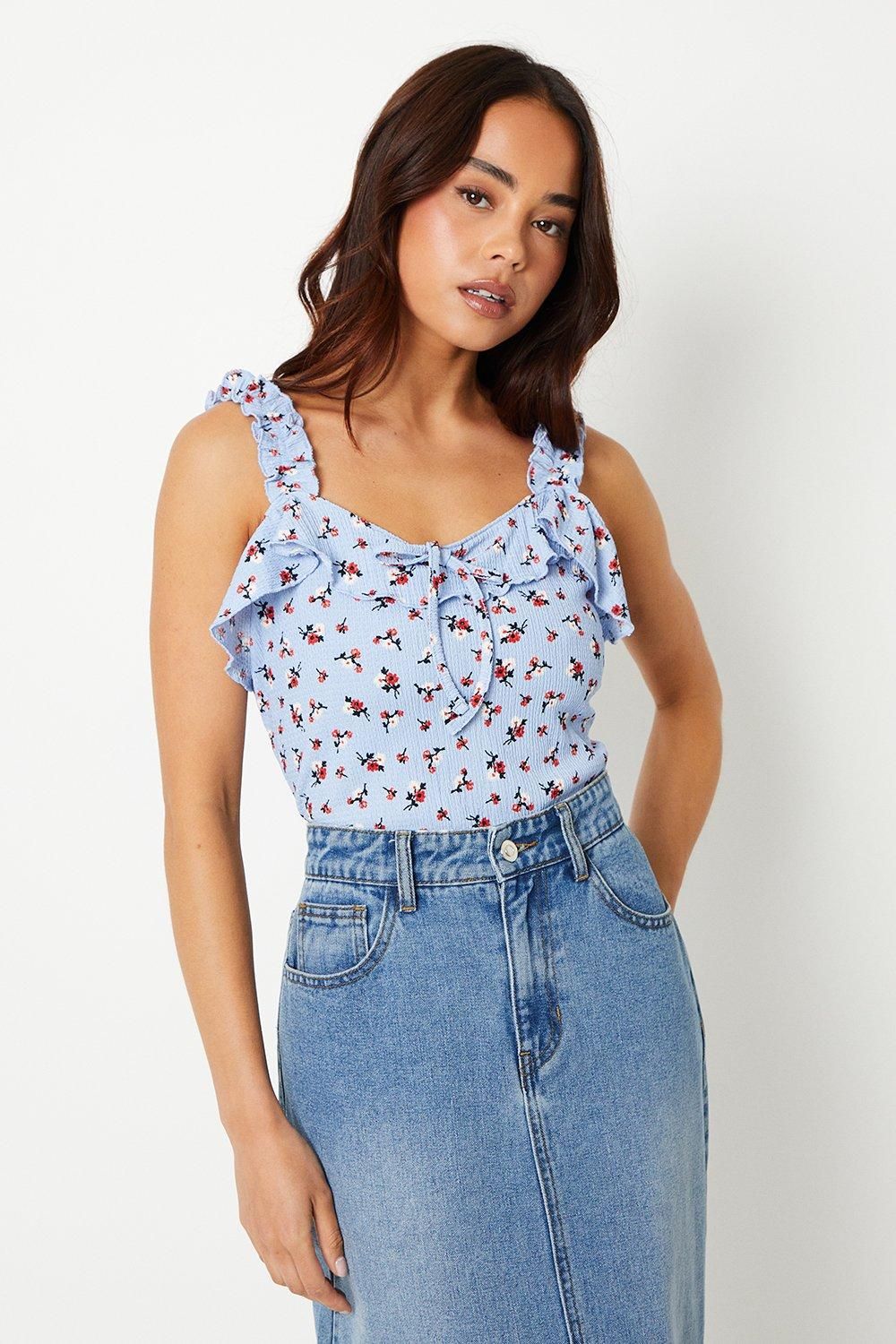 Dorothy Perkins Petite Tie Front Frill Detail Vest Jersey Top Blue image 1