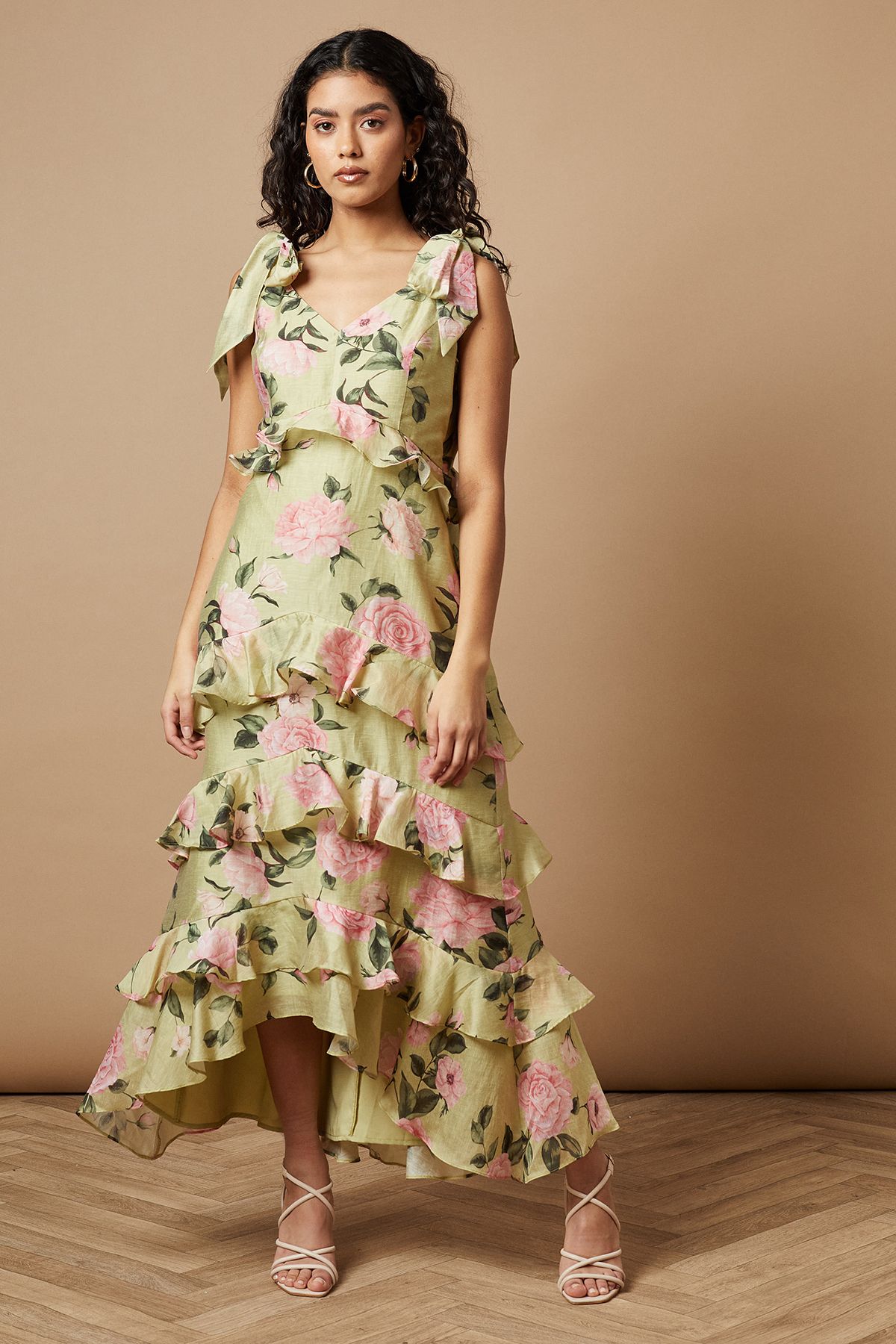 Oasis Petite Floral Printed Tiered Ruffle Tie Shoulder Midi Dress Sage image 1