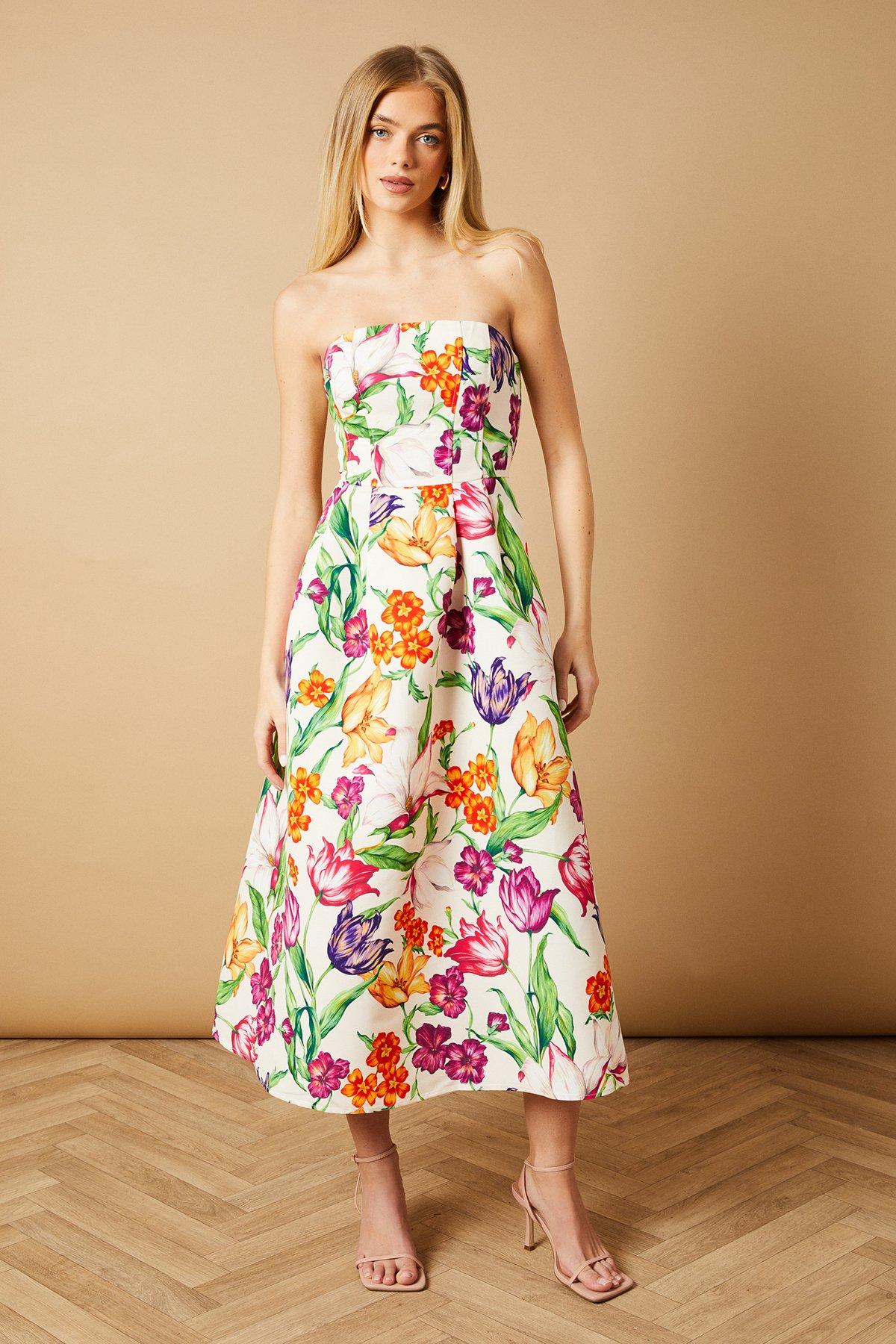 Oasis Occasion Floral Twill Strapless Midi Dress Multi image 1