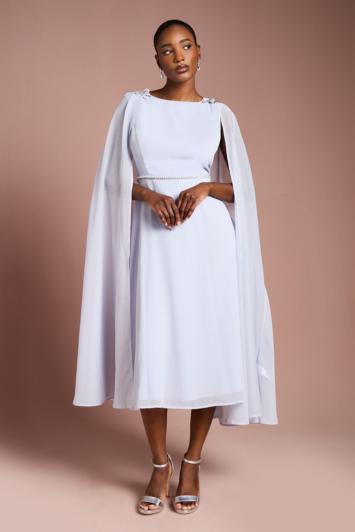 Coast Detachable Cape Georgette Dress with Diamante Broach Detail Lilac image 1