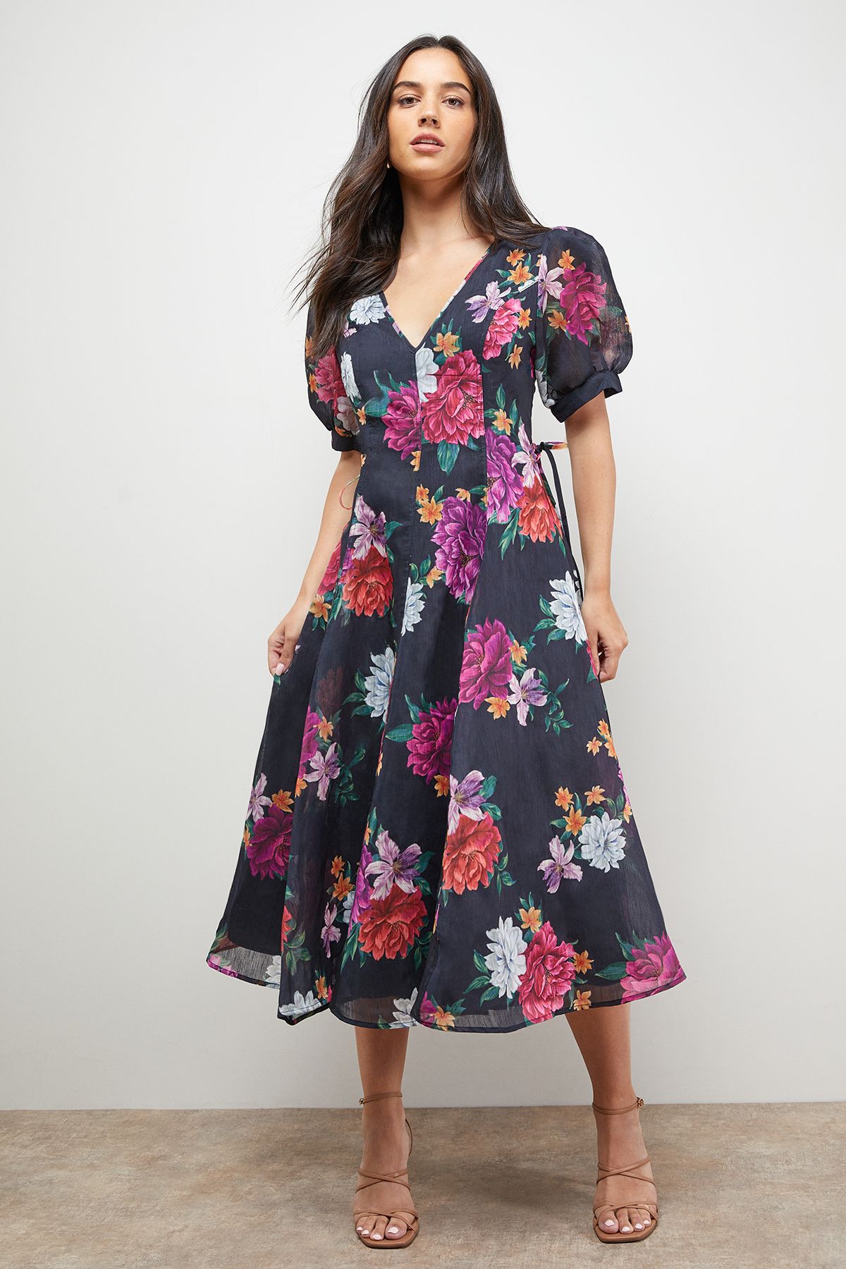 Oasis Printed V Neck Puff Sleeve Midaxi Dress Floral image 4