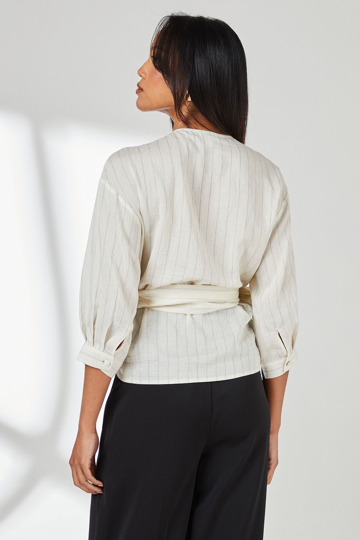Principles Ivory Striped Linen Blend Wrap Top Ivory image 3