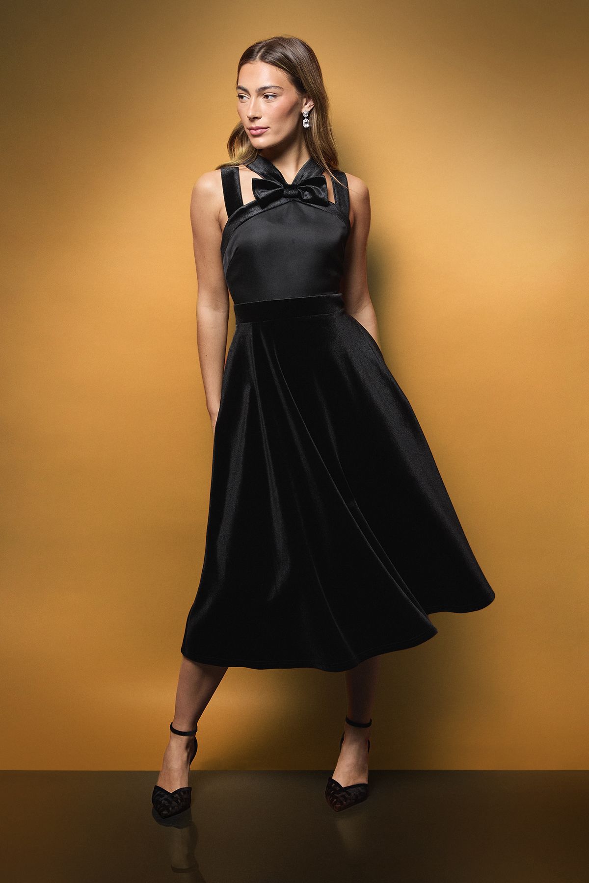 Coast Cross Neck Bow Detail Structured Velvet Midi Dress Black image 1