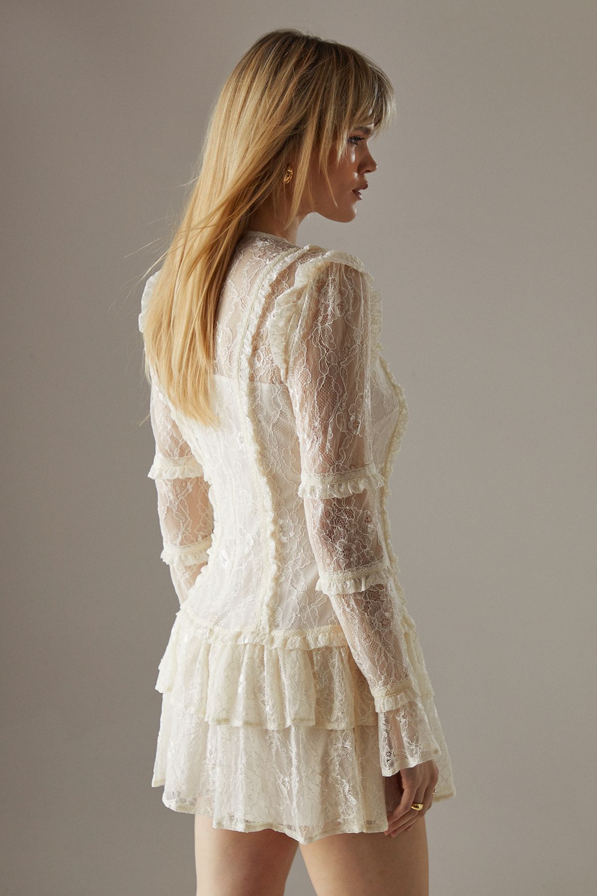 Warehouse Lace Ruffle Insert Mini Dress Cream image 3