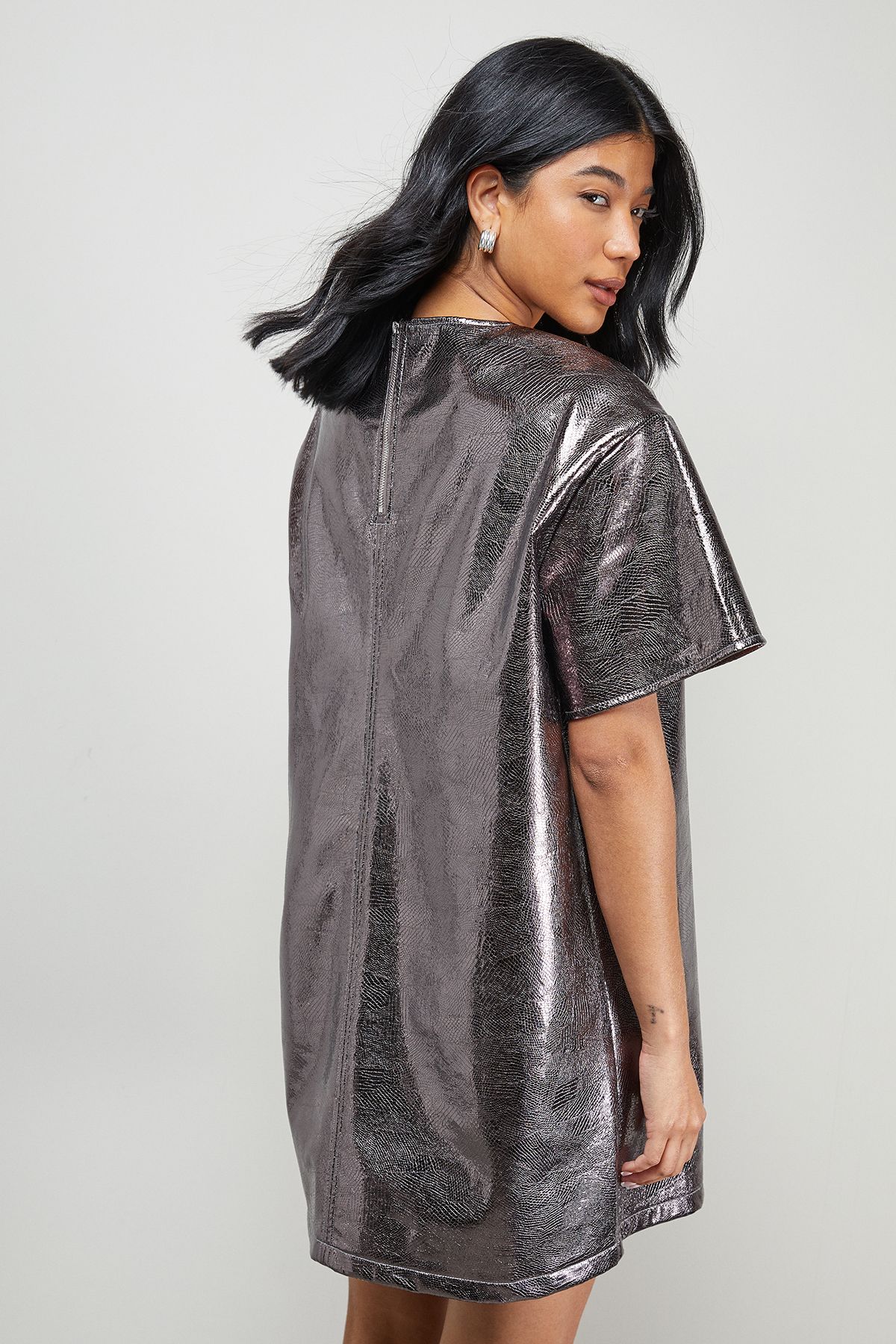 Warehouse Metallic Faux Reptile Leather Tshirt Mini Dress Chocolate image 3
