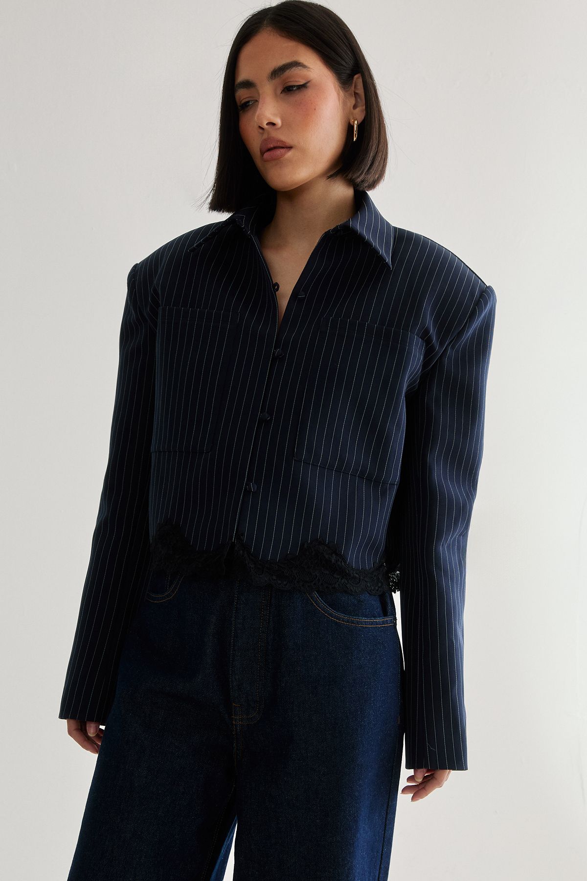 NastyGal Lace Hem Tailored Pinstripe Jacket Navy image 2