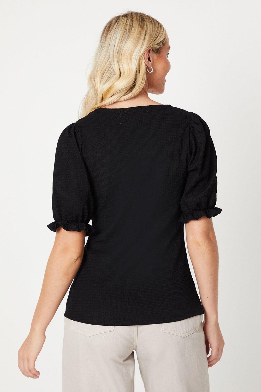 Dorothy Perkins V Neck Shirred Cuff Short Sleeve Top Black image 3