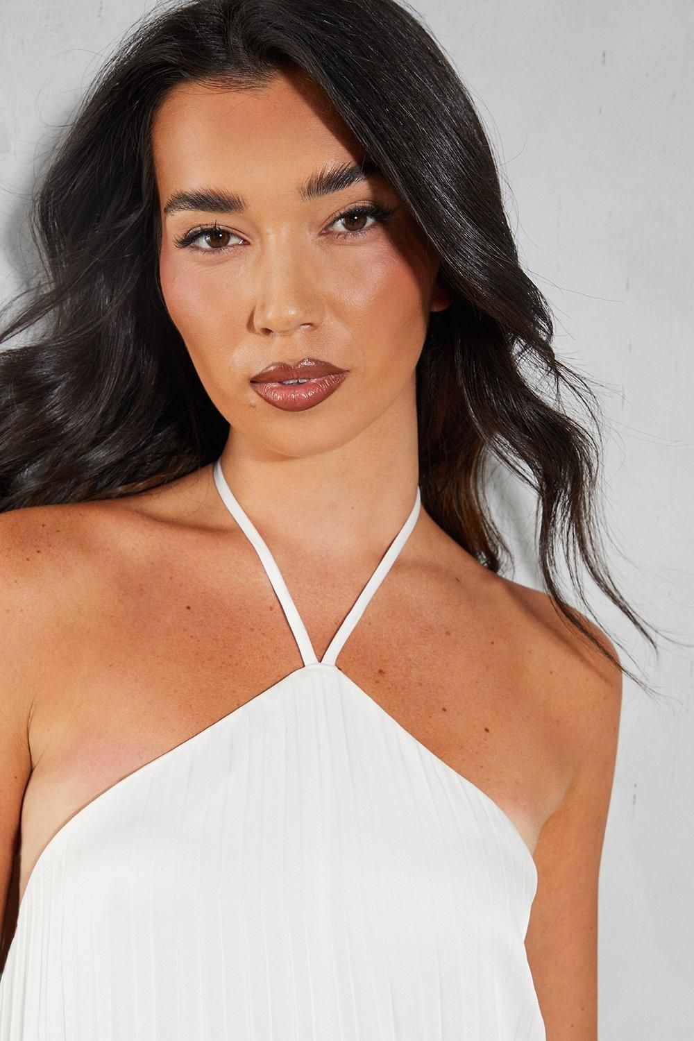 MissPap Satin Pleated Strappy Halterneck Low Back Maxi Dress Ivory image 4