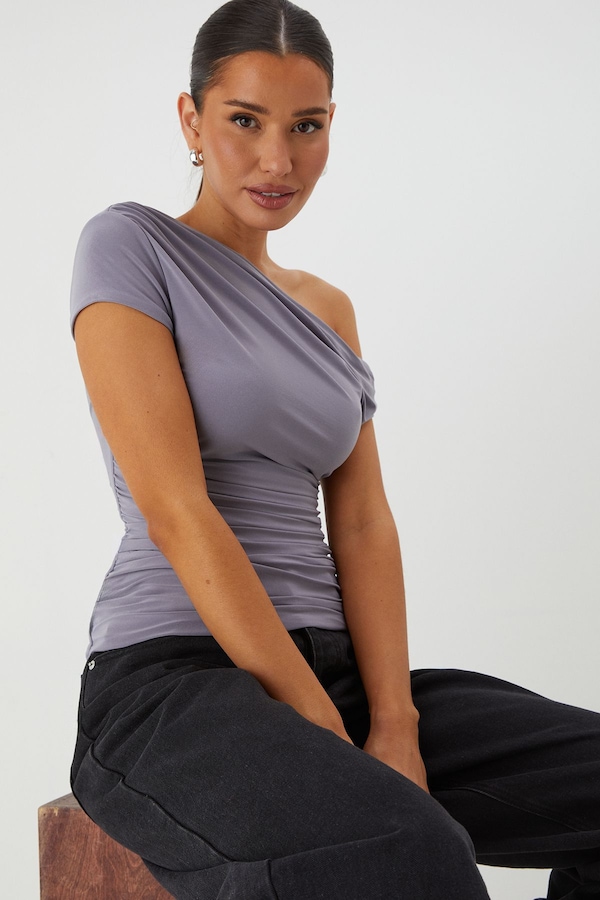 MissPap Ruched Slash Neck Cap Sleeve Top Slate Grey