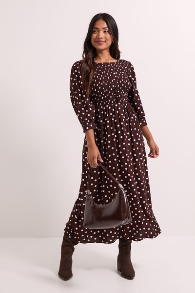 Dorothy Perkins Petite Spot Print Shirred Bodice Button Detail Midi Dress Burgundy
