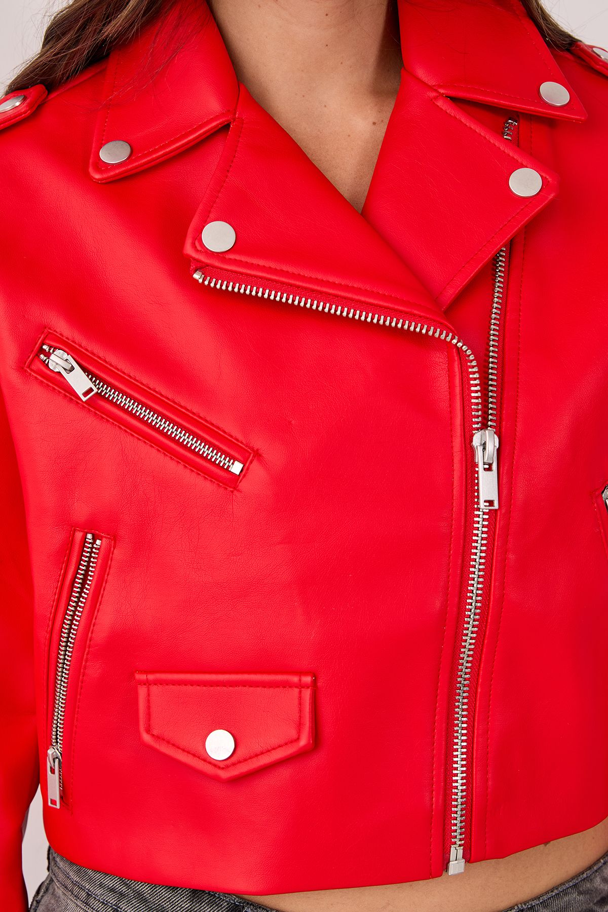 NastyGal Essentials Cropped Faux Leather Boxy Biker Red image 3