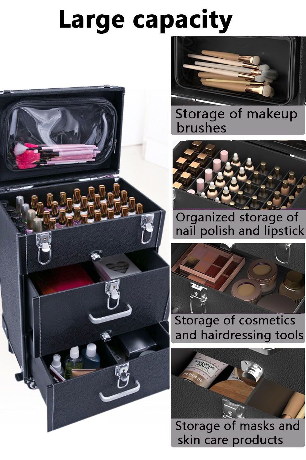 Living and Home Professional 3-in-1 Rolling Cosmetic Cases Makeup Trolley Nail Luggage Storage Organizer image 3