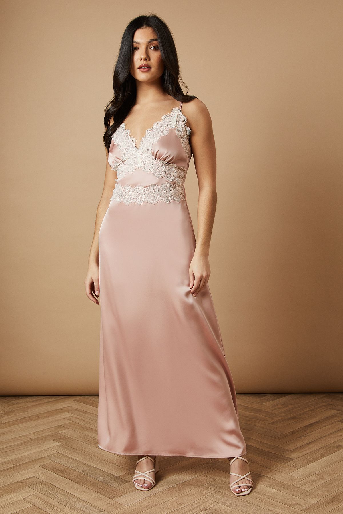 Oasis Satin Lace Detail Strappy Maxi Dress Peach image 1