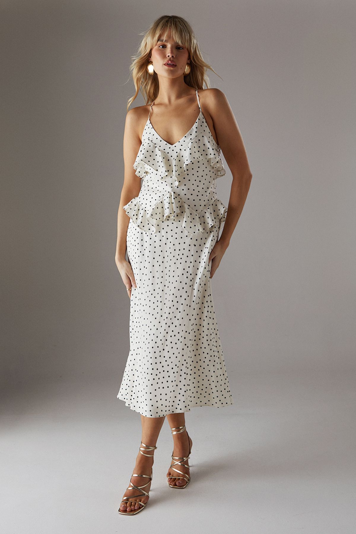 Warehouse Ruffle Detail Bias Satin Dress Yellow